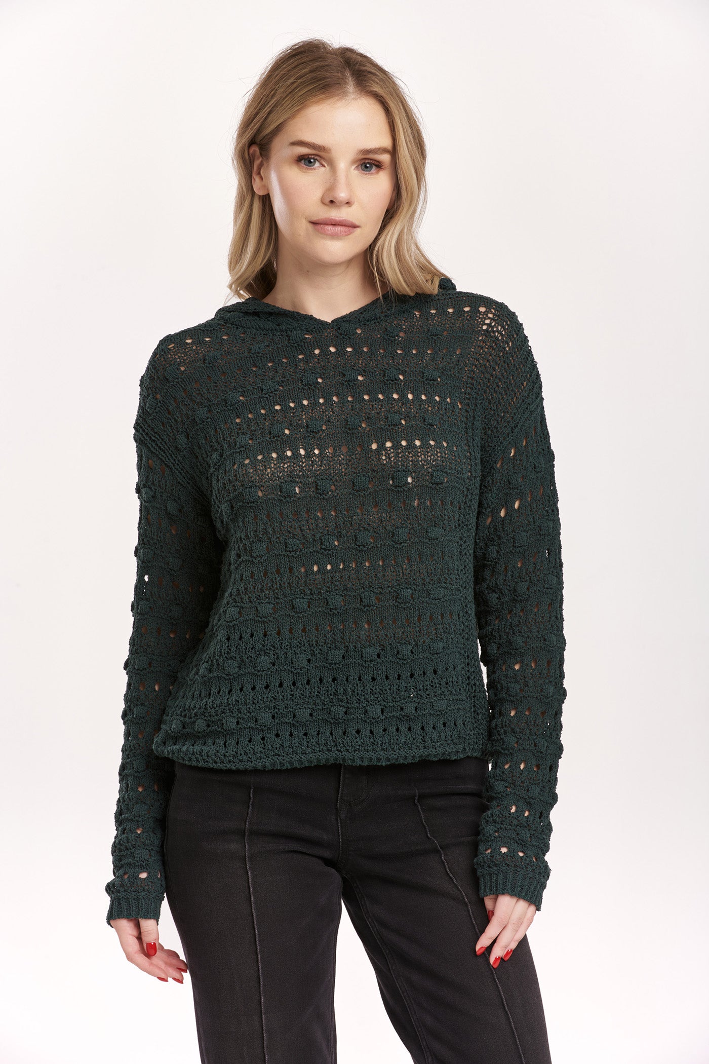 Olsen Pointelle Hoodie Sweater Dark Moss