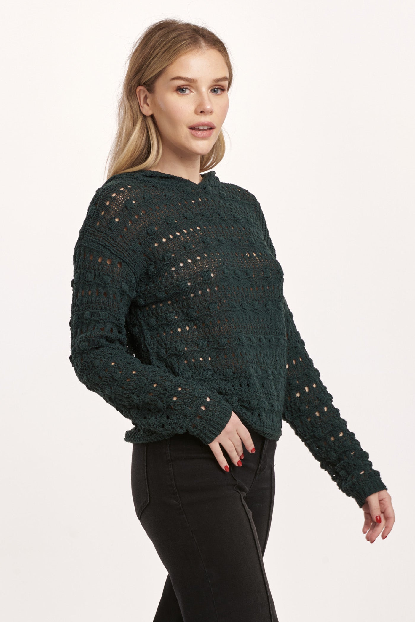 Olsen Pointelle Hoodie Sweater Dark Moss