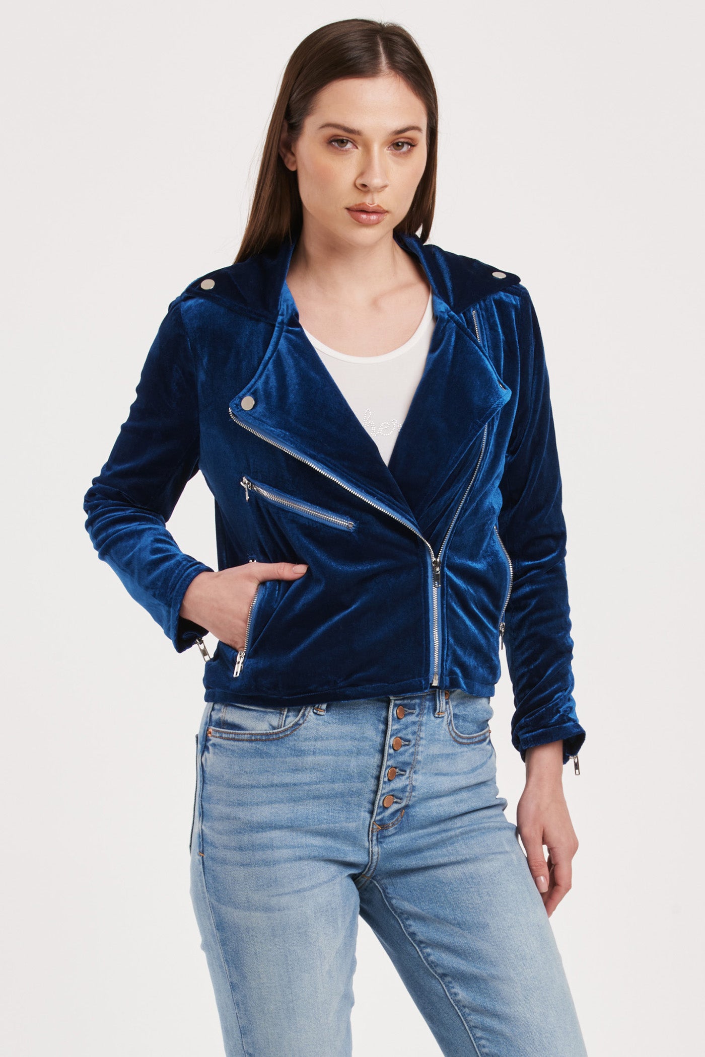 Tahani Velvet Moto Jacket Ultramarine