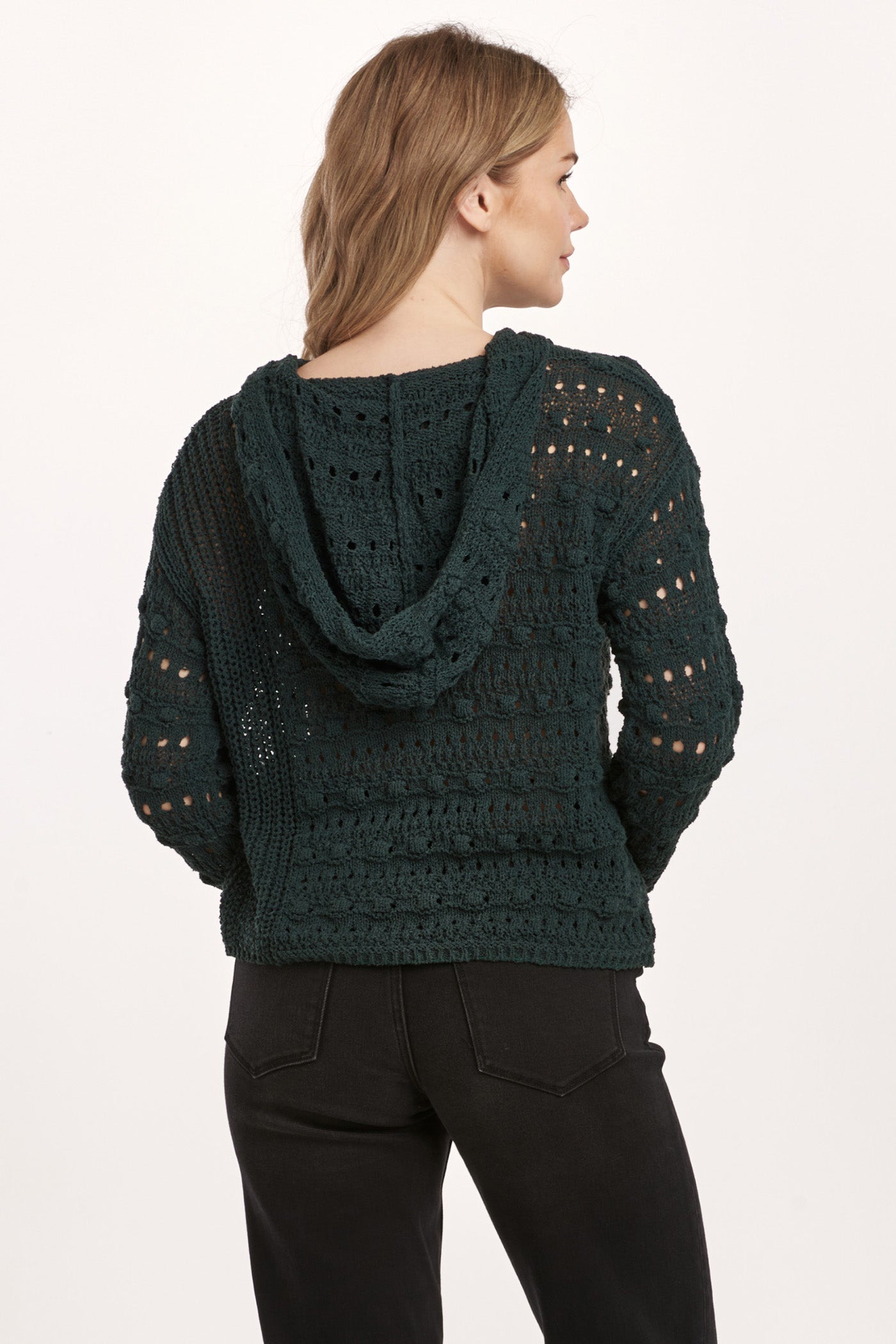 Olsen Pointelle Hoodie Sweater Dark Moss