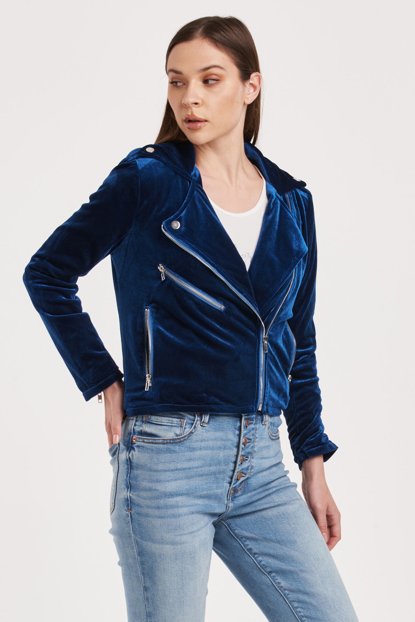 Tahani Velvet Moto Jacket Ultramarine