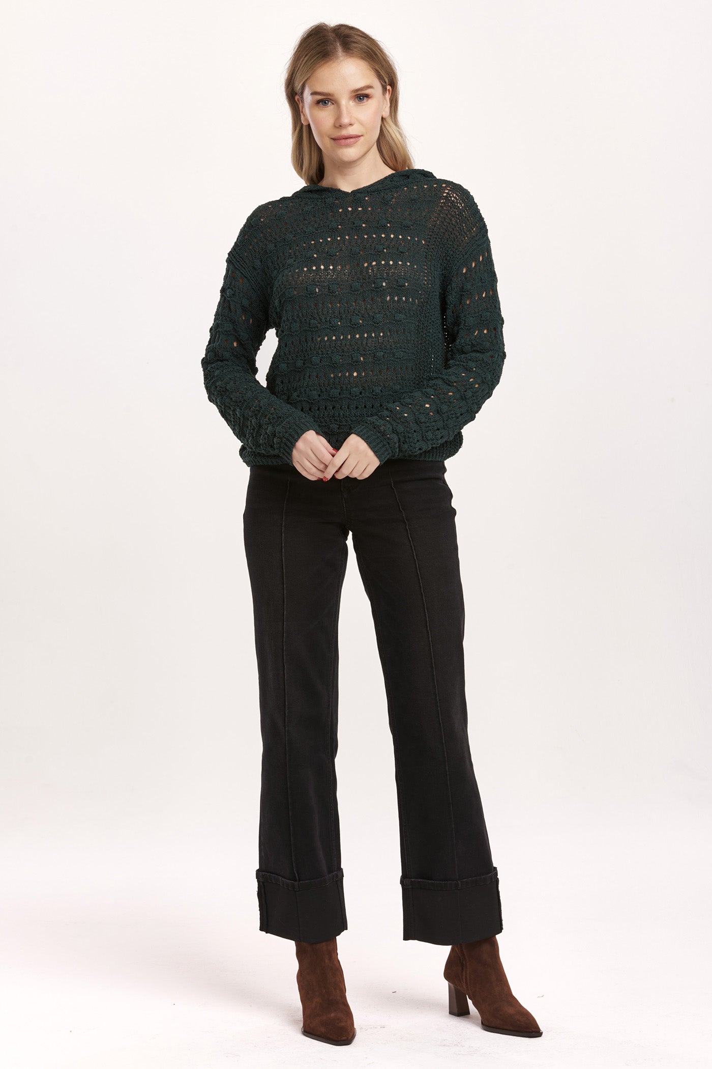 Olsen Pointelle Hoodie Sweater Dark Moss