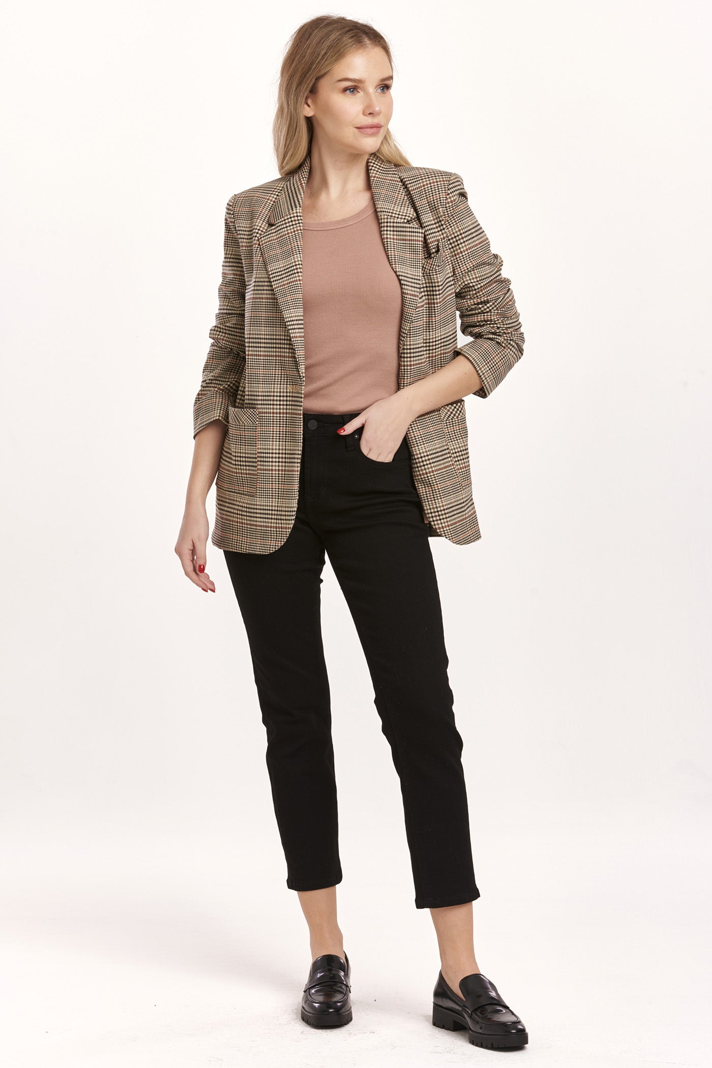 Clyde Plaid Long Sleeve Notched Lapel Blazer