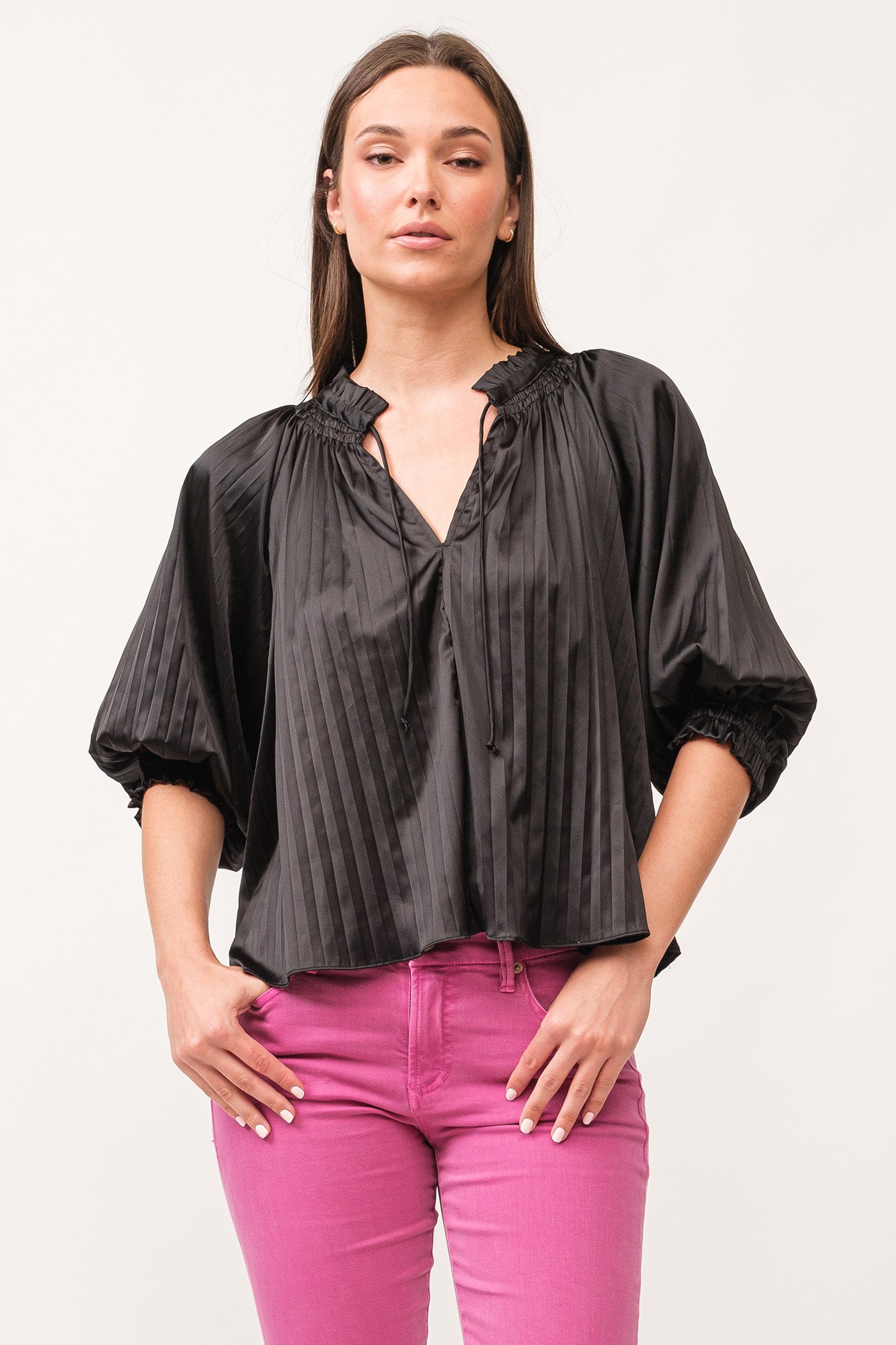 Anais Ruched Neck 3/4 Sleeve Satin Top Black