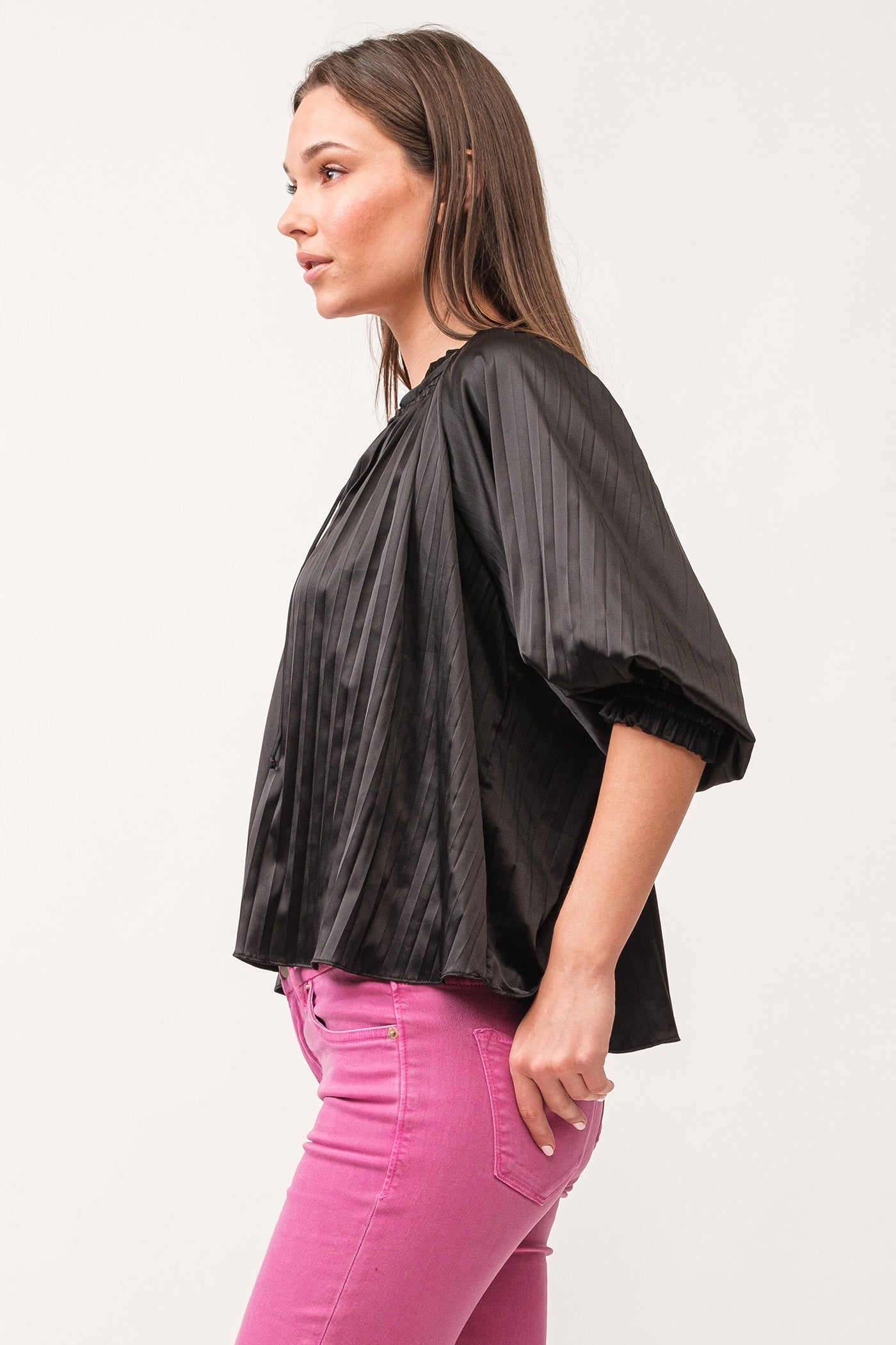 Anais Ruched Neck 3/4 Sleeve Satin Top Black