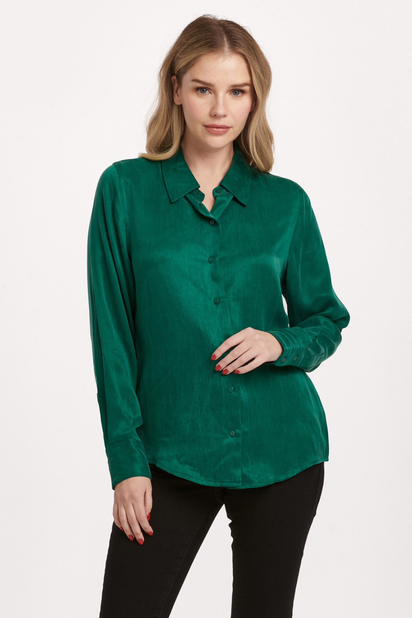 Birdie Button Front Long Sleeve Top Deep Emerald