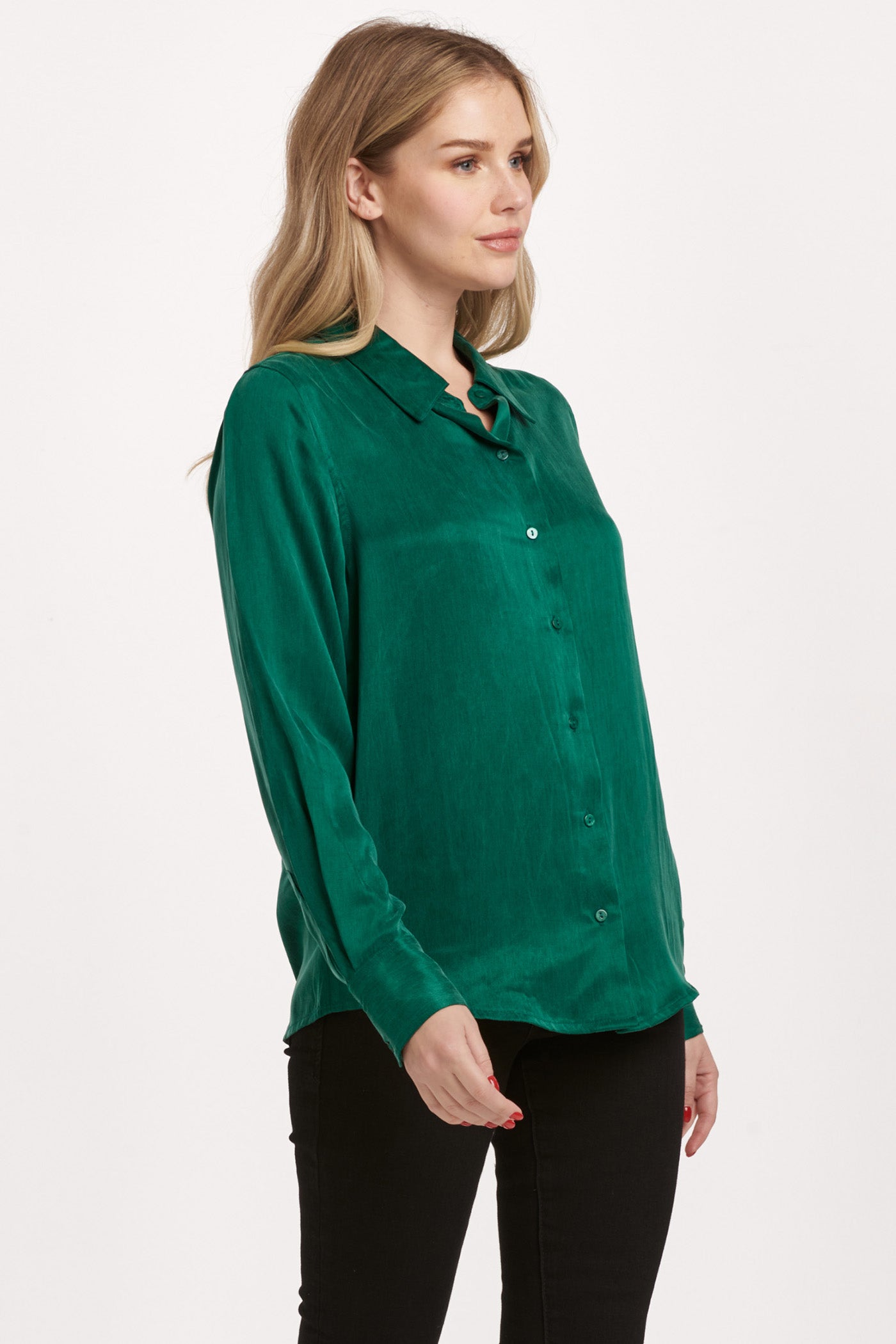 Birdie Button Front Long Sleeve Top Deep Emerald