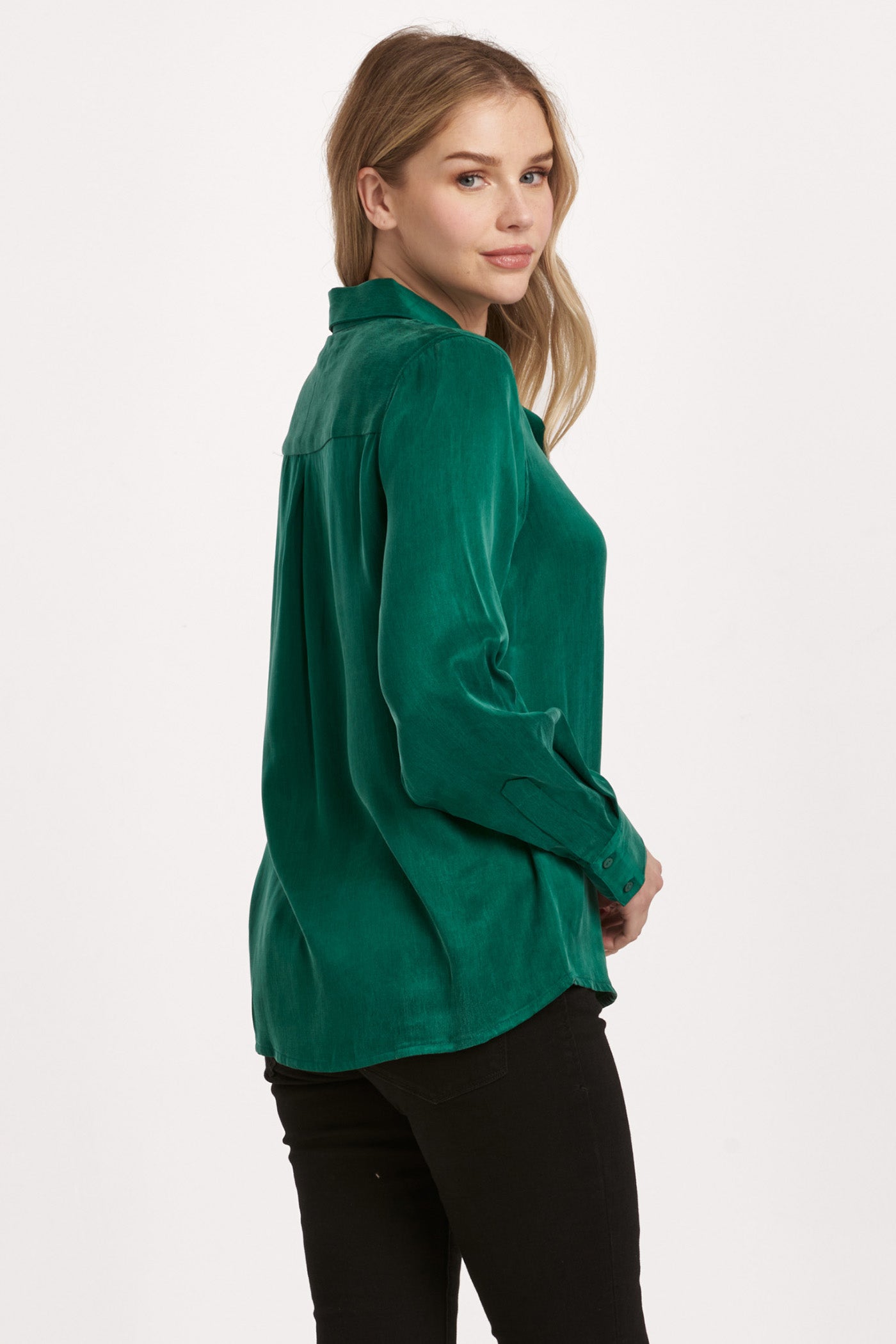 Birdie Button Front Long Sleeve Top Deep Emerald