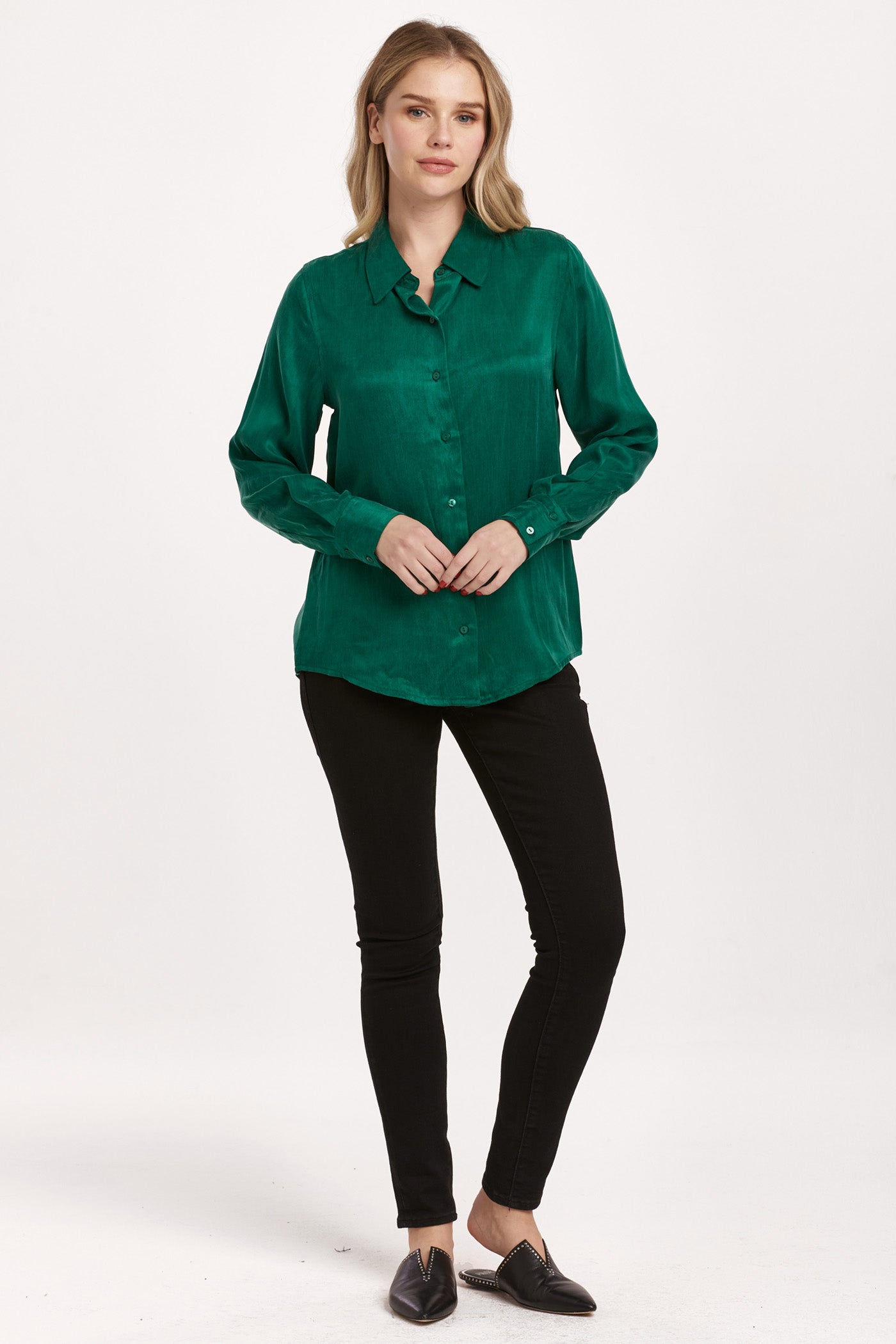 Birdie Button Front Long Sleeve Top Deep Emerald