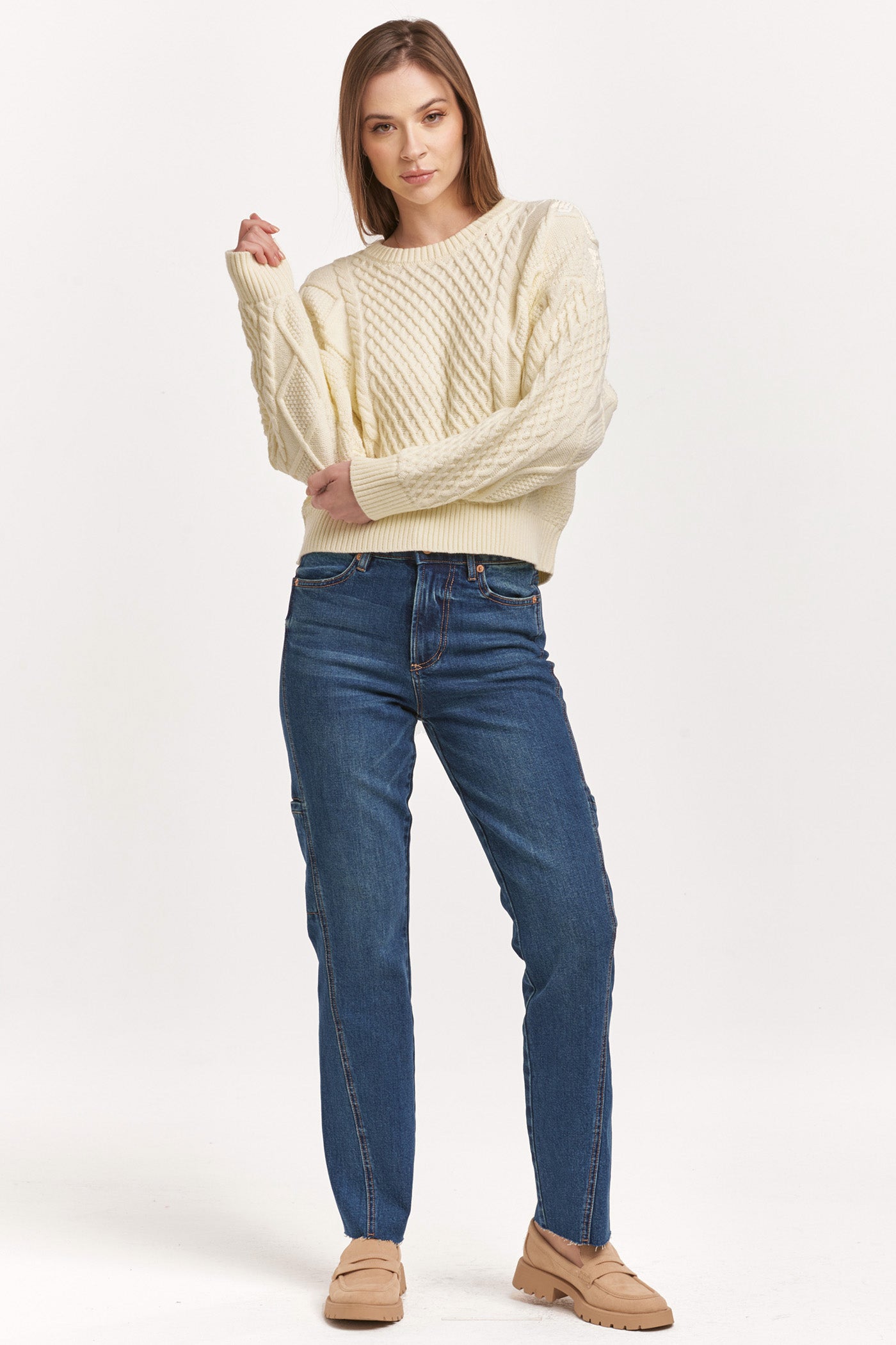 Holden Crew Neck Cable Knit Sweater Cream