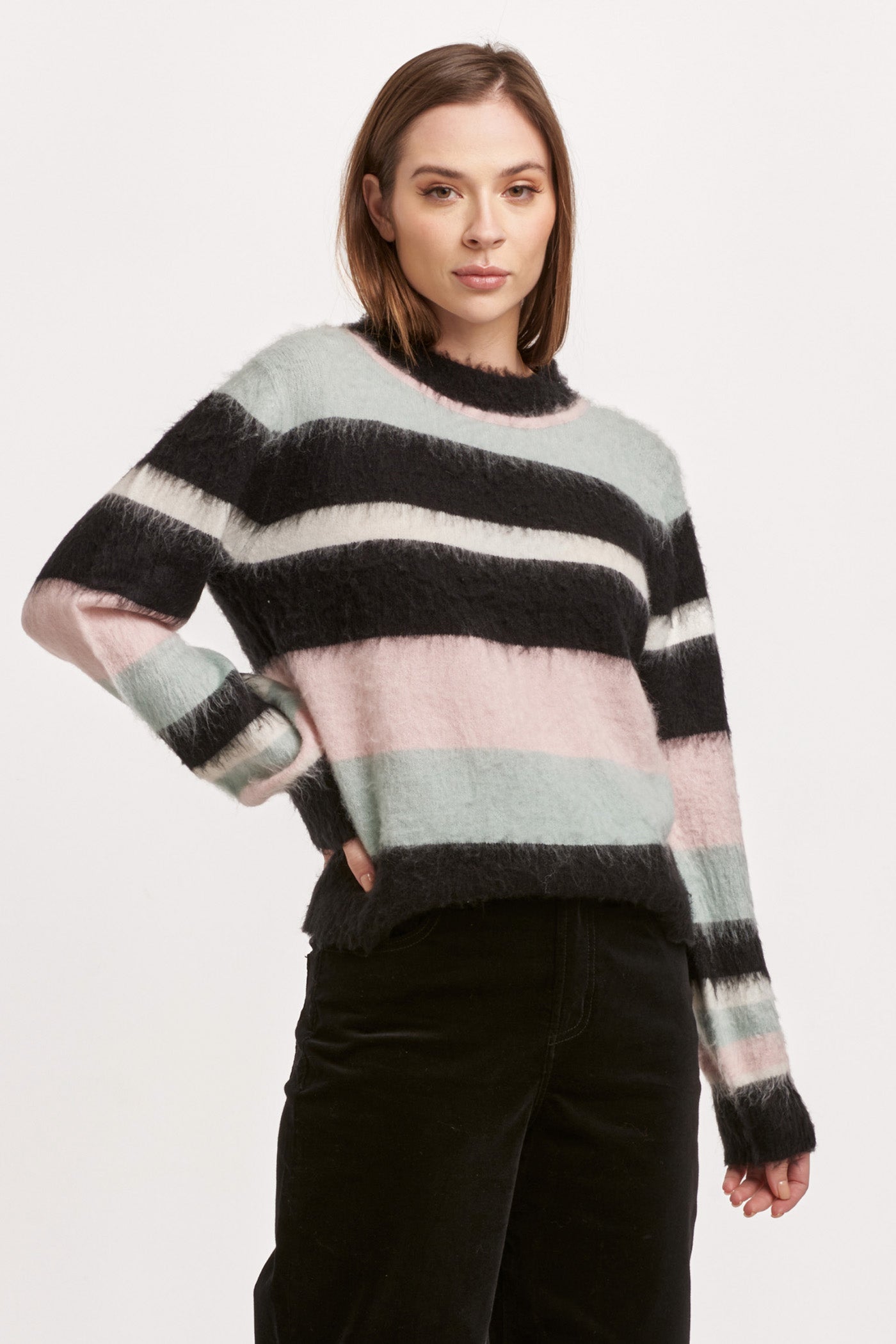 Alicia Crew Neck Striped Fuzzy Sweater