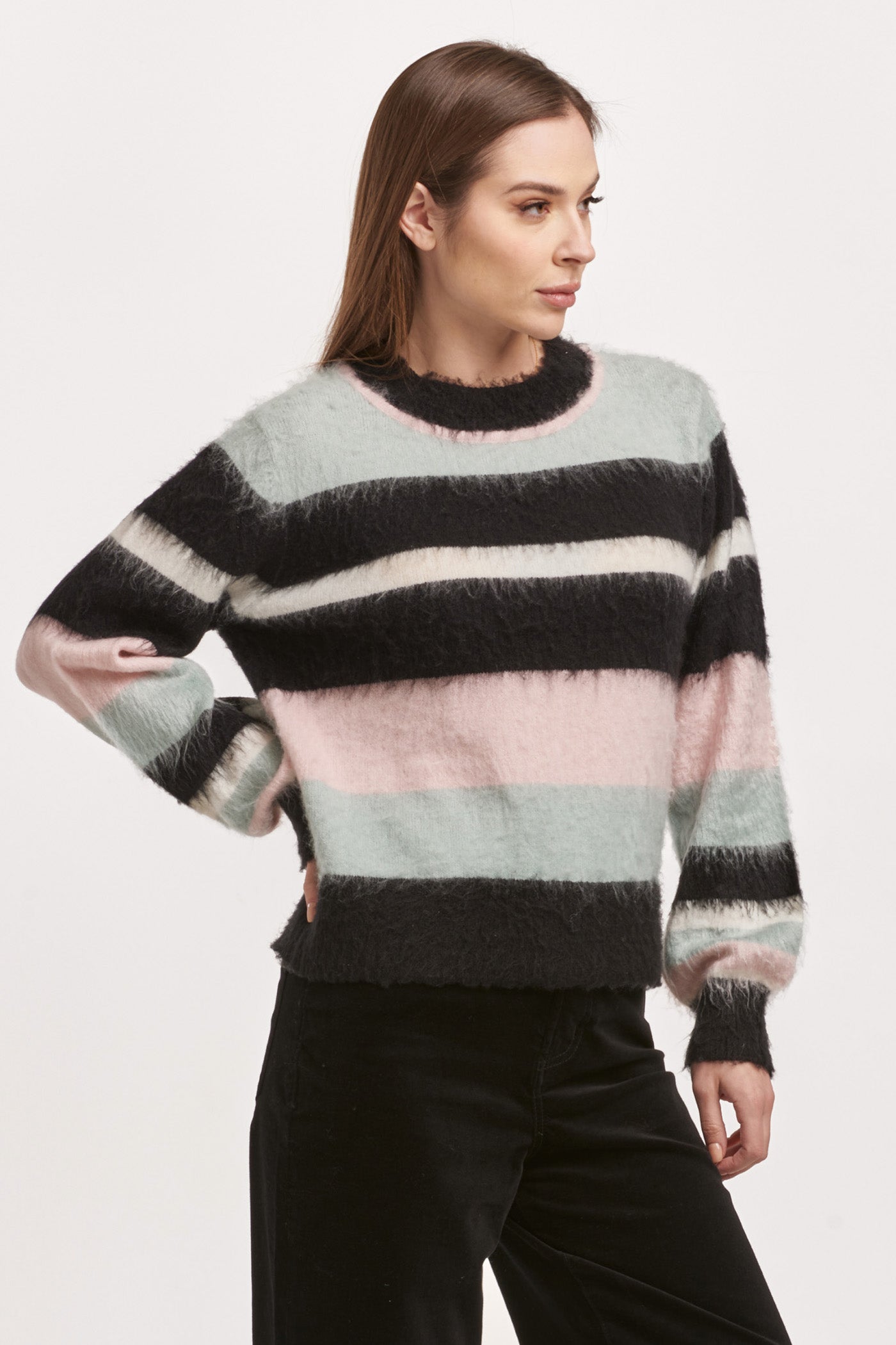 Alicia Crew Neck Striped Fuzzy Sweater