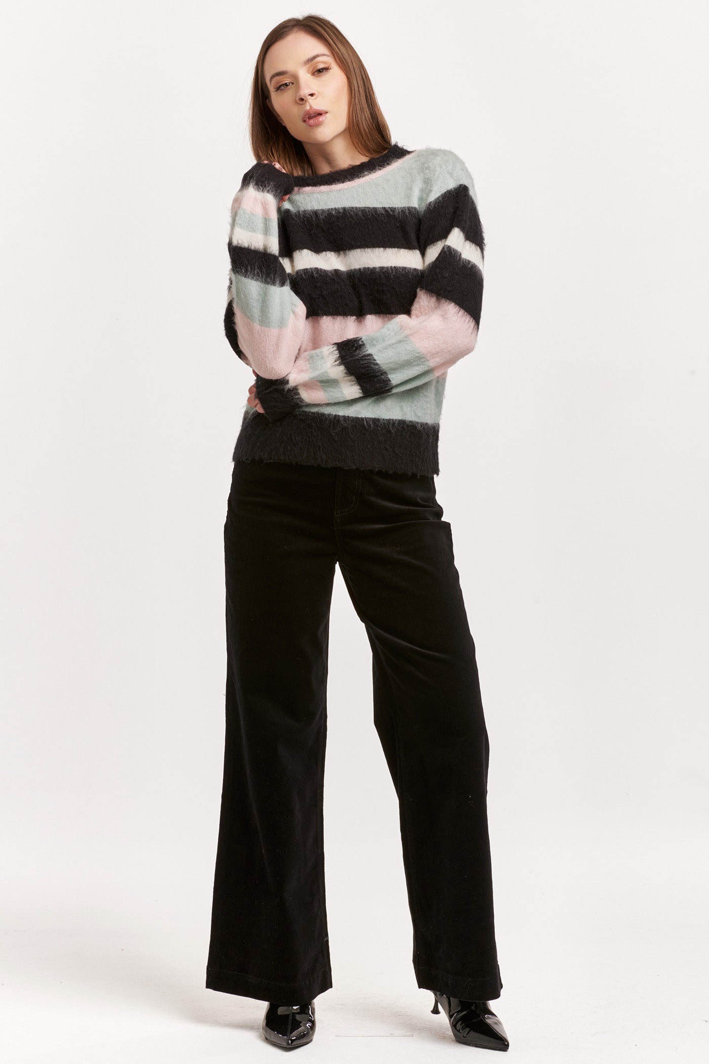 Alicia Crew Neck Striped Fuzzy Sweater