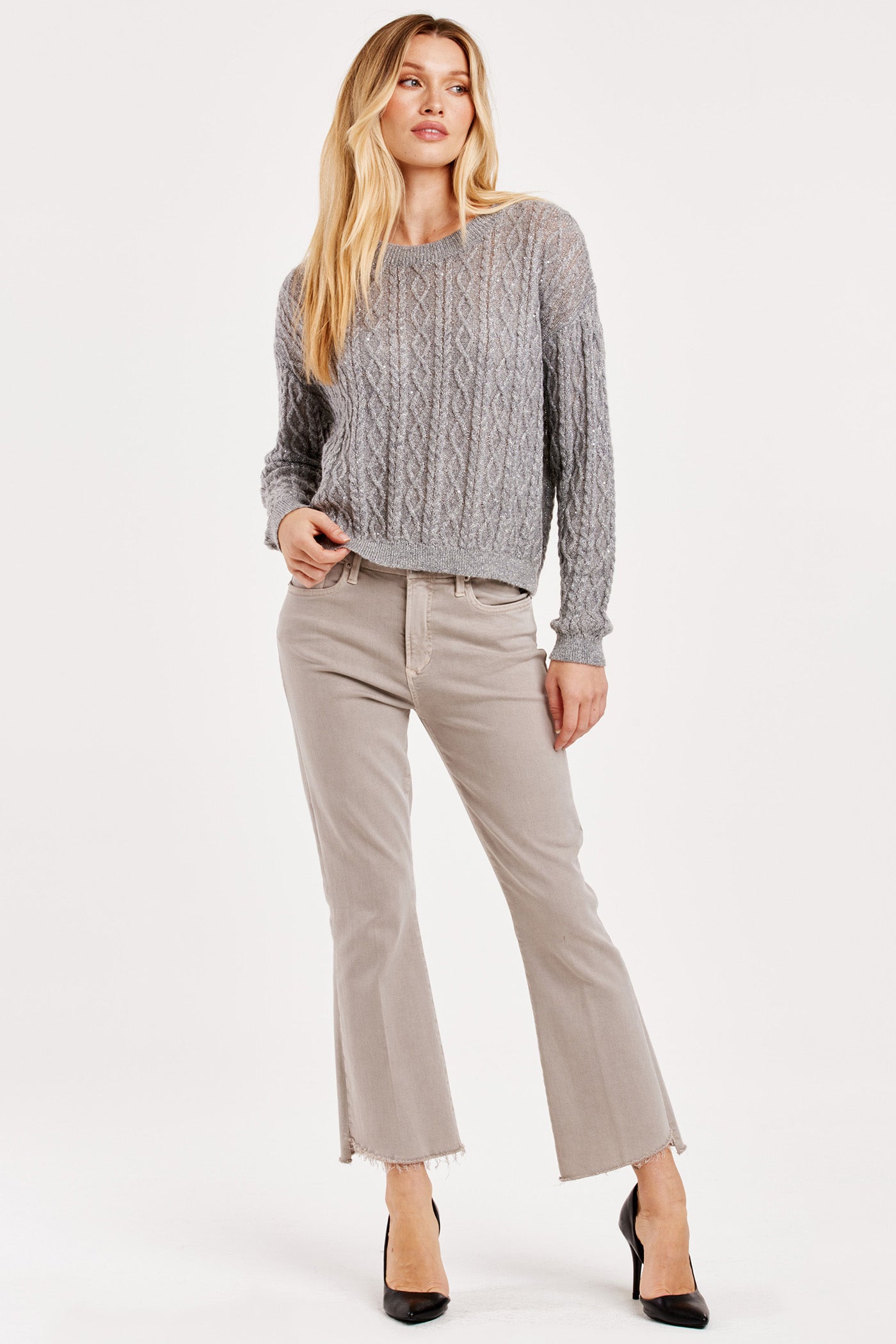 Sarai Cable Knit Sequin Sweater Silver