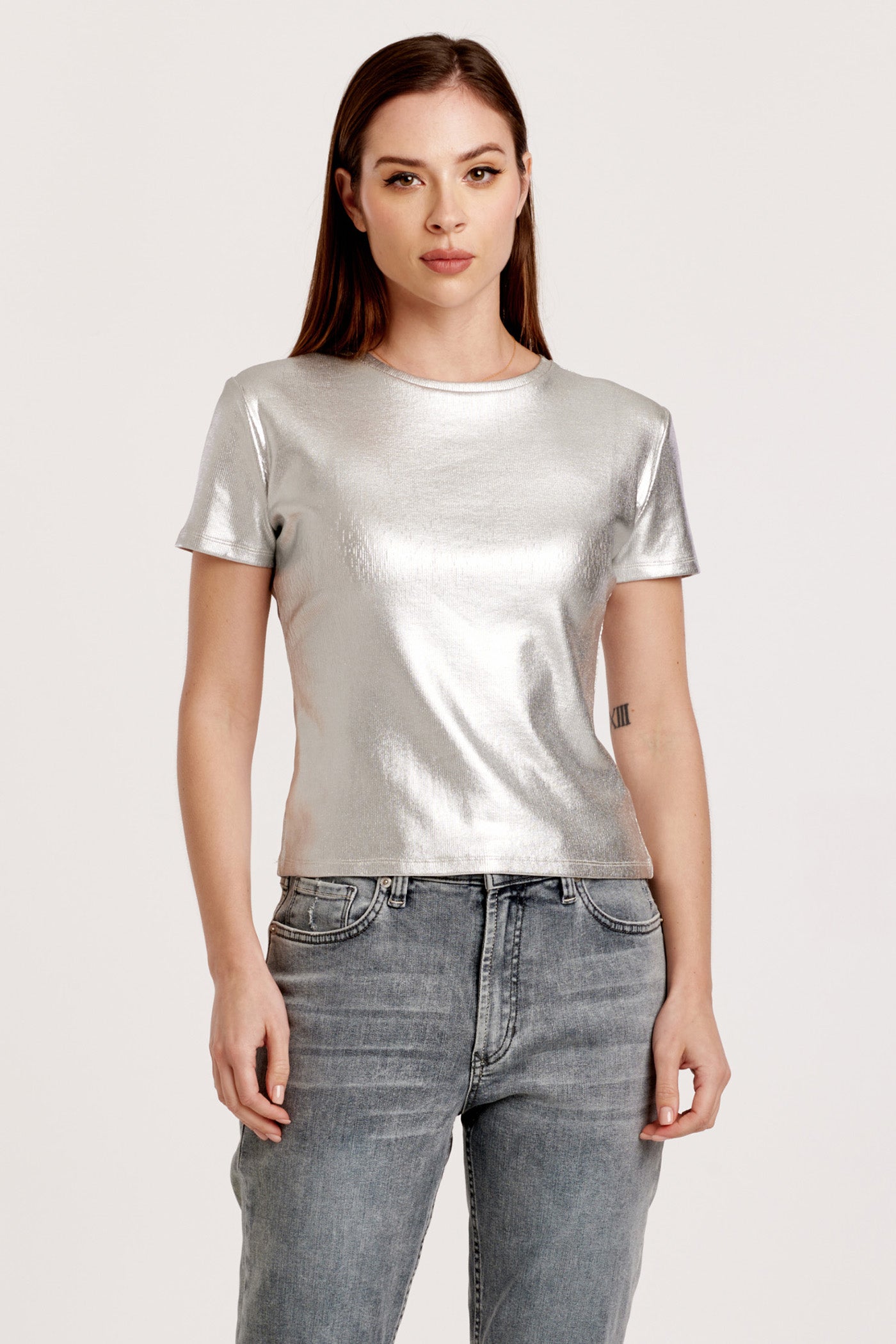 Bianca Short Sleeve Metallic Tee Silver Foil