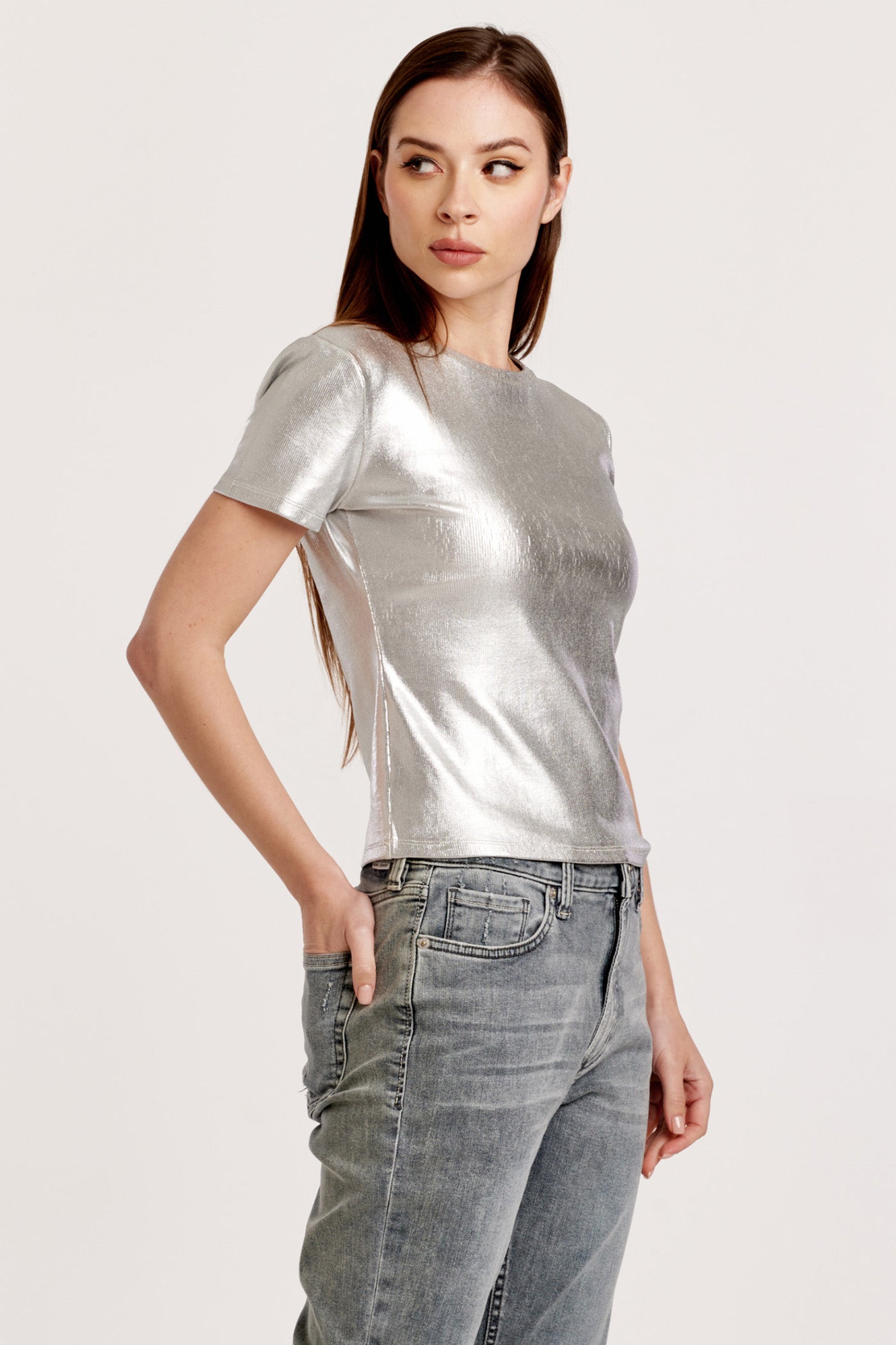 Bianca Short Sleeve Metallic Tee Silver Foil