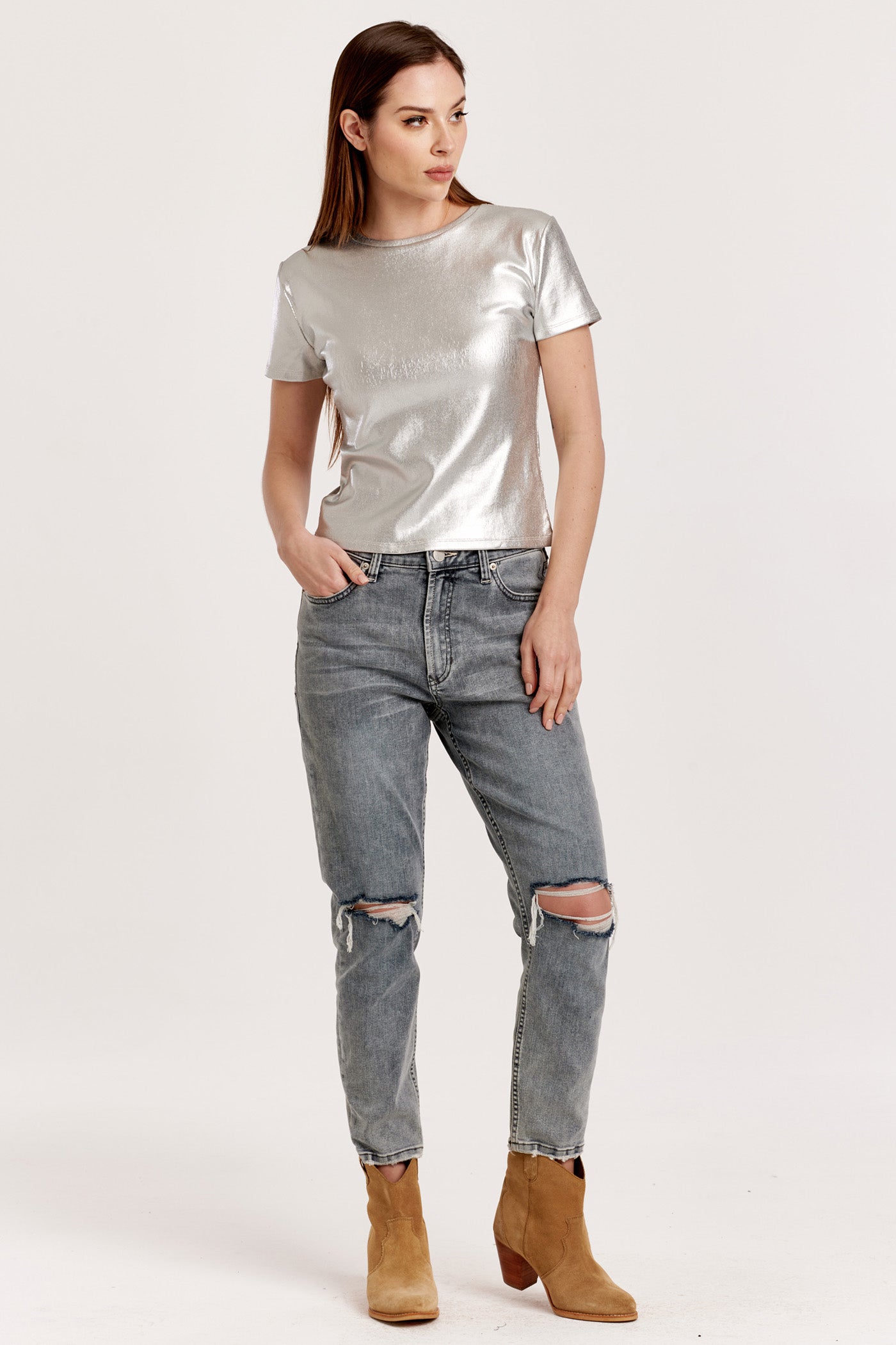 Bianca Short Sleeve Metallic Tee Silver Foil