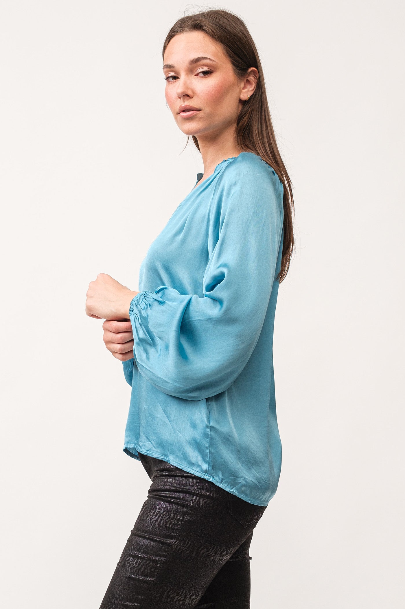 Manon V- Neck Long Sleeve Blouse Blue Shadow