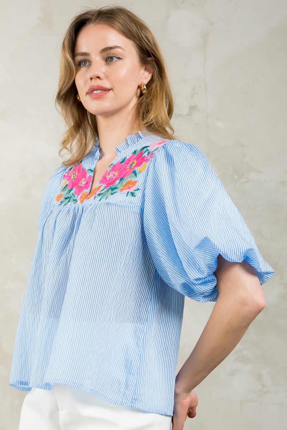 Sale Puff Sleeve Embroidered Striped Top