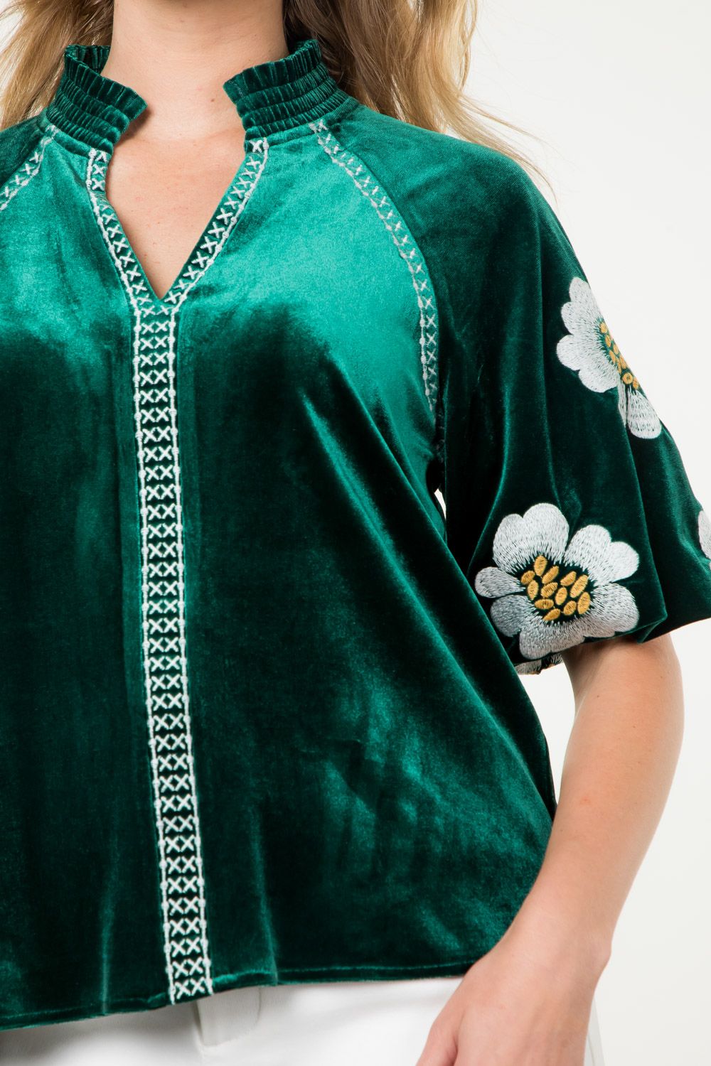 Embroidered Velvet Puff Sleeve Top Dark Green