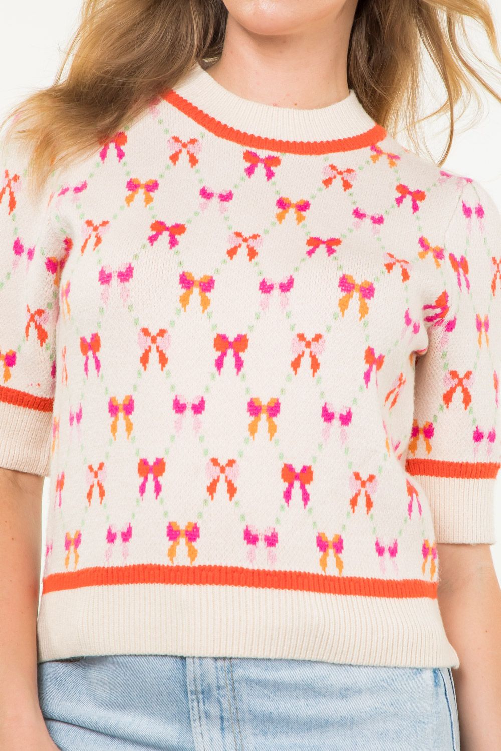 Sale Short Sleeve Ribbon Print Sweater