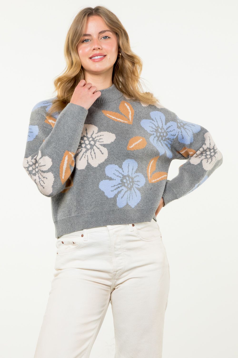 Long Sleeve Flower Knit Sweater