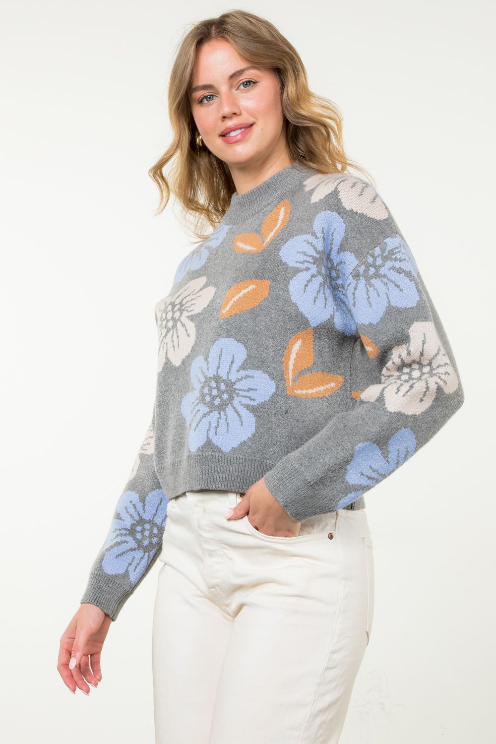 Long Sleeve Flower Knit Sweater