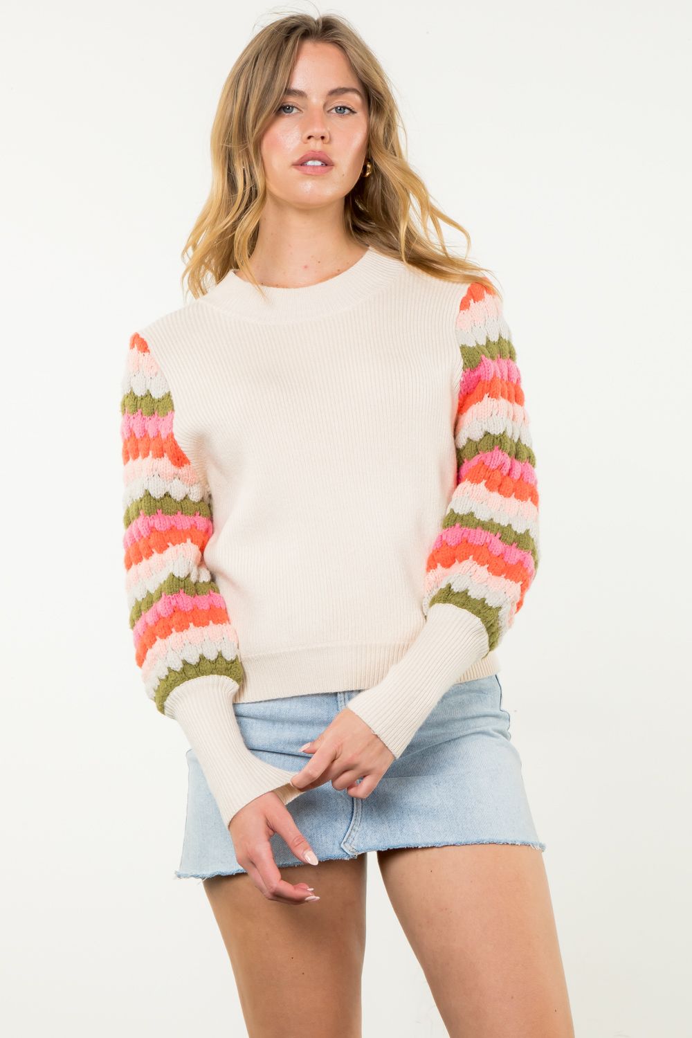 Stripped Knitted Bishop Sleeve Sweater Cream