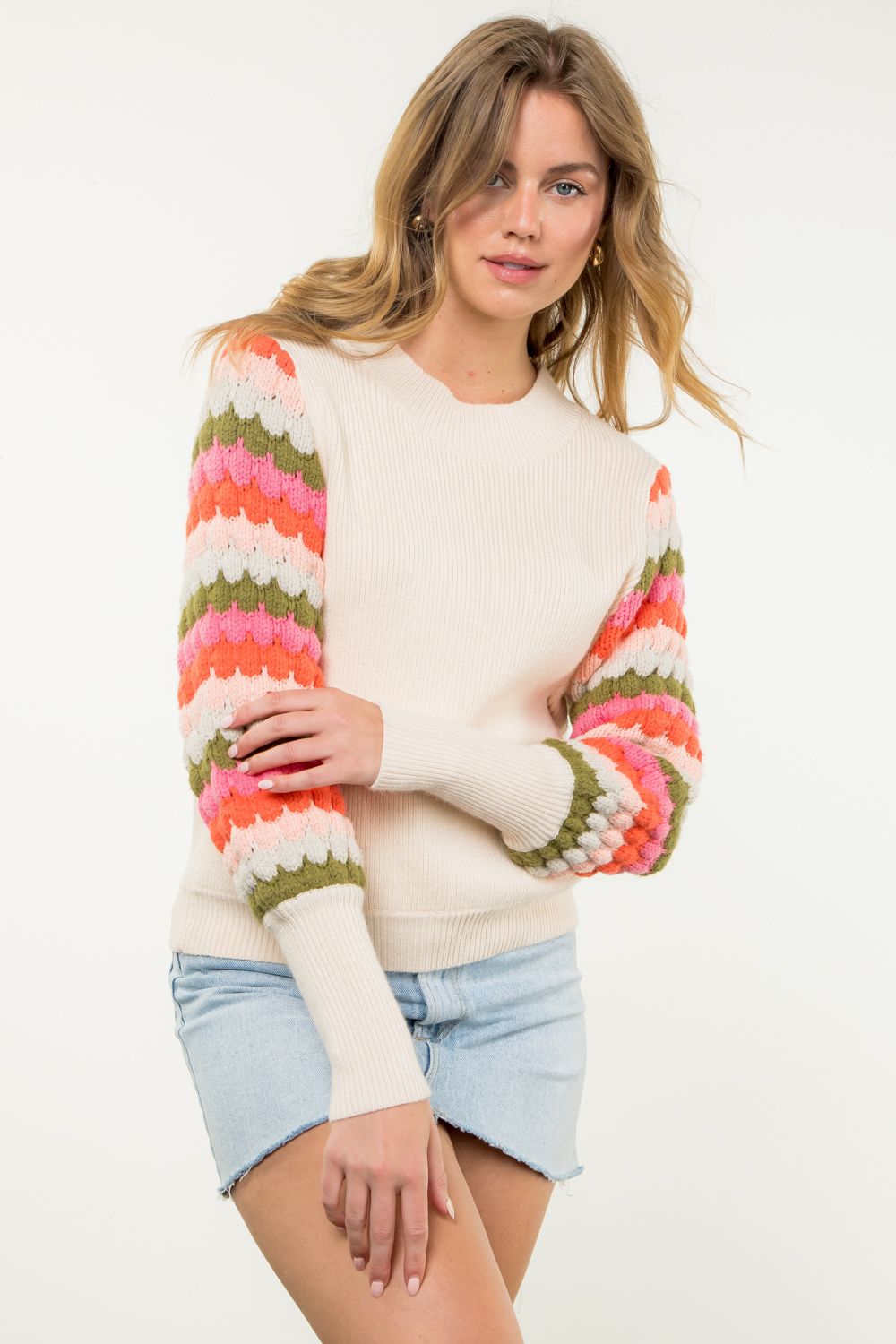 Stripped Knitted Bishop Sleeve Sweater Cream